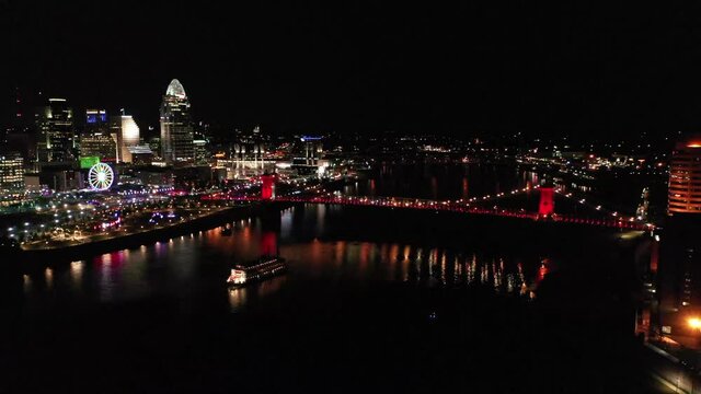2.7K BLINK Cincinnati Roebling Bridge Ohio River Drone Cinematic Aerial Flying Straight
