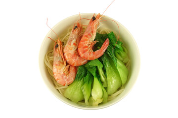 top view of seafood noodle with shrimp and vegetable