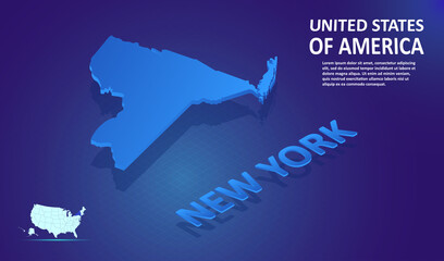 Isometric New York State map on blue and glowing background. 3D Detailed Map in perspective with place for your text or description. Technology Information Graphic Elements for design and template.