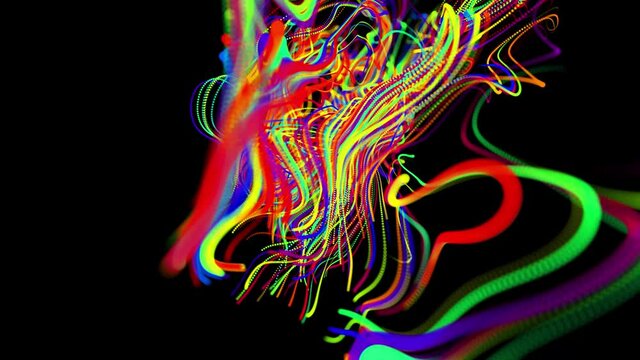 Visualization of neural network operation, multicolor bg. Abstract fast lines of light streaks in air. Stream of lines forms curled lines like glow light trails, swirling pattern like curle noise.
