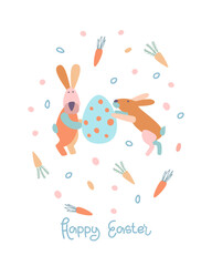 Obraz premium Vector illustration on the theme of Easter in pastel colors. Colored bunnies with Easter egg and carrots. Below is the inscription Funny Easter. Poster, postcard, congratulations.