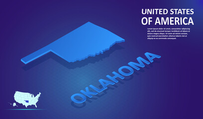 Isometric Oklahoma State map on blue and glowing background. 3D Detailed Map in perspective with place for your text or description. Technology Information Graphic Elements for design and template.