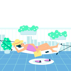 A woman in a swimsuit sunbathes in a hammock on the balcony. The woman covers herself with a sun hat. The female lies with a book in her hands. Flat vector illustration.
