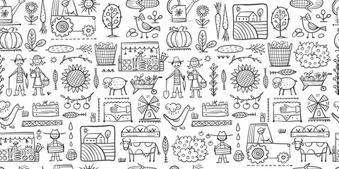 Organic Farm Seamless Pattern Background For your Design. Harvest Festival. Agriculture collection. Organic farming eco concept. Fresh products, locally grown and organic food. Farmer's Market