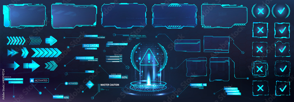 Fototapete Futuristic frame border in HUD style for GUI, UI, UX and Web design. Callouts, arrows, labels, information call box bars, arrows and frame screen. Futuristic User Interface layout template. HUD set