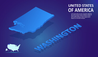 Obraz premium Isometric Washington State map on blue and glowing background. 3D Detailed Map in perspective with place for your text or description. Technology Information Graphic Elements for design and template.