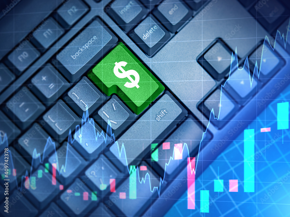 Poster quote chart on the background of a computer keyboard with the dollar key. the dollar symbol on the p