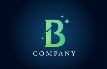 B blue green gradient alphabet letter logo for business. Creative corporate identity and lettering. Company design branding with stars