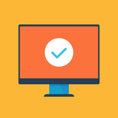 Computer and check mark. Complete task, update success, online survey concepts. Checkmark on computer screen. Flat design. Vector illustration