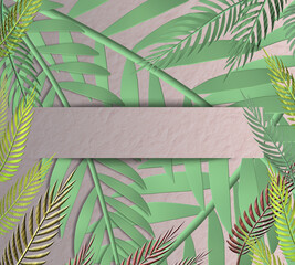 Tropical leaves in frame in paper strip on paper background. Place for text, mock up. Top view, flat lay. 3D illustration