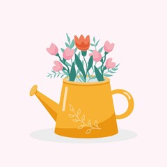 Vector illustration with a beautiful bouquet in the watering can 
