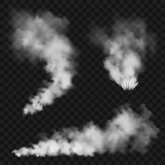 Realistic smoke clouds. Stream of smoke from burning objects. Transparent fog effect. White steam, mist. Vector design element.