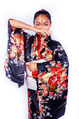 Fototapeta premium young pretty geisha in black kimono with sakura, asian ethno closeup on white background isolated