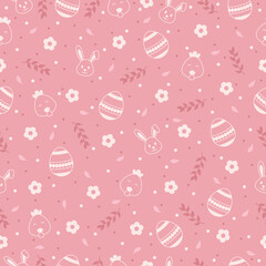 Happy Easter seamless pattern with bunny, egg, flower, branch, chicken on pink background. Greeting card vector icons, gift wrapping paper and wallpaper vector illustration.