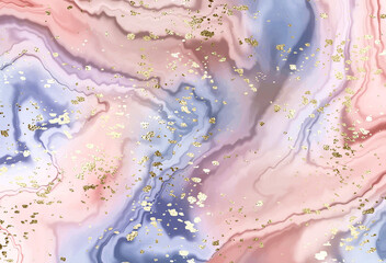 Abstract alcohol ink painting background print with gold glitter splatter texture.