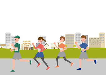 マラソン大会　街並みとマラソンする男女