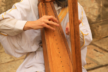 Obraz premium The musician's long fingers make sounds from the strings of the harp