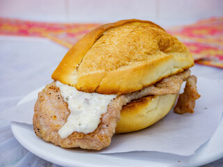 Close up shot of traditional pork bread Pork chop bun