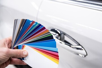 Man choosing color of his car with color sampler. Car foil wrapping colors picker - 409746731