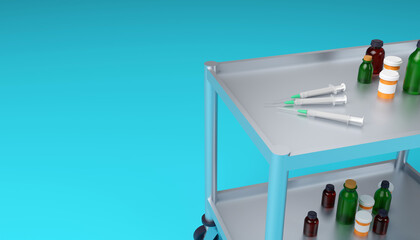 medical cabinet trolley with medical syringes, flask and jars close up 3d illustration