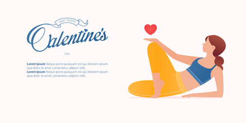 Women exercising in yoga pose or asana posture for happy Valentine’s Day banner template design.
Girl doing yoga pose and heart icon on her hand. 
