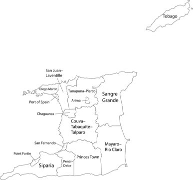 White vector map of Trinidad and Tobago with black borders and names of it's regions, municipalities and wards