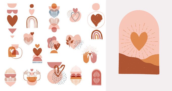 Bohemian, Boho Valentines day illustrations, hand drawn artwork in terracotta, earthy colours, heart and love concept design