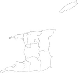 White vector map of Trinidad and Tobago with black borders of it's regions, municipalities and wards