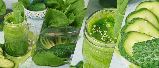 Obraz premium Collage of photos with mason jar mugs filled with fresh green spinach and cucumber smoothie on light blue wooden background. Healthy food and vegetarian concept.
