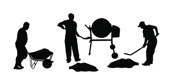 Workers crew with shovel put gravel in concrete mixer vector silhouette. Working on construction site. Laborer man with spade digging earth. Digger mining. Industry building new house. Wheelbarrow man