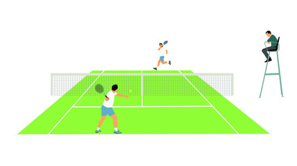 Man tennis players vector silhouette illustration isolated on white background. Tennis match duel with judge on court.Sport competition. Sportsman recreation after work, anti stress therapy.