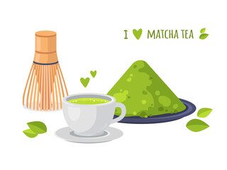 Matcha tea greeting card. Japanese healthy drink. Collection of matcha tea products. Matcha powder, cup, tea leaves, chasen. Cartoon vector illustration.