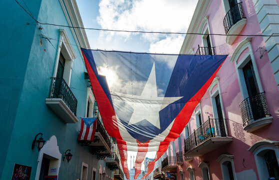 Large Puerto Rican Flag Hanging in the Streets of Old San Juan, Puerto Rico