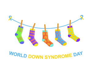 World Down syndrome day banner. Different colorful odd socks hanging on the rope as a symbol for WDSD. Vector cartoon illustration.
