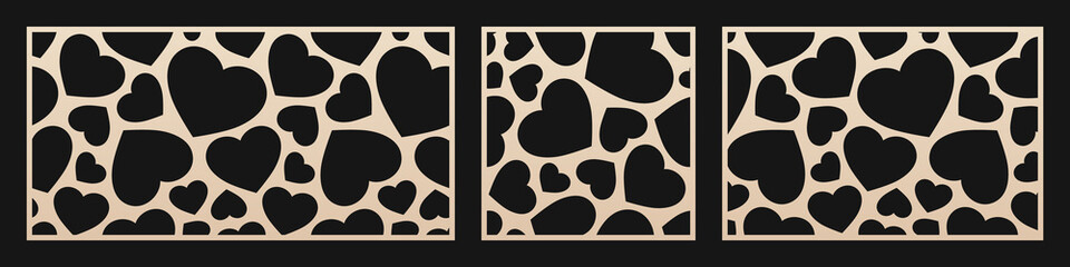 Laser cut pattern with hearts. Vector template with big heart shapes. Valentine's day design. Decorative panel for laser cutting of wood, metal, paper, plastic, engraving. Aspect ratio 1:1, 1:2, 3:2