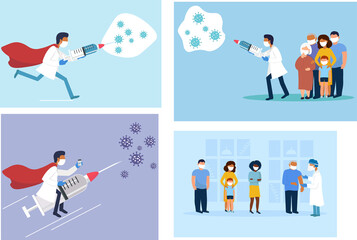 Set of images of Doctor Saves helps people, family, elderly, children, adults to defeat the global virus, pandemic. A vaccine for the coronavirus. The concept of immunity protection. Vector
