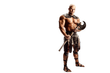 Studio shot of muscular ancient warrior man posing with axe. Isolated on white. Copy space