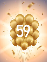 Obraz premium 59th Year anniversary celebration background. Golden balloons and confetti with sunbeams in background. 