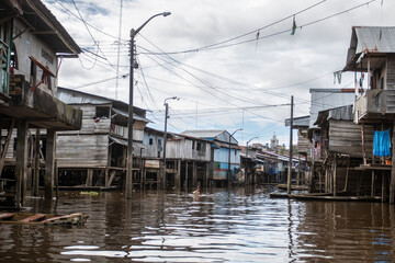 Iquitos, Peru, June 8, 2019: Barrio Belén or also known as the Venice of the Amazon of the city of Iquitos where people have to move in boats on the Itaya river.