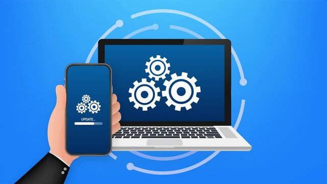 System software update, data update or synchronize with progress bar on the screen. Illustration.