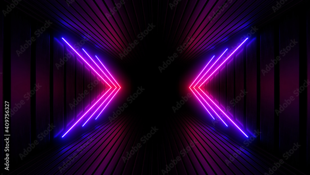 Wall mural sci fy neon lamps in a dark tunnel. reflections on the floor and walls. 3d rendering image.