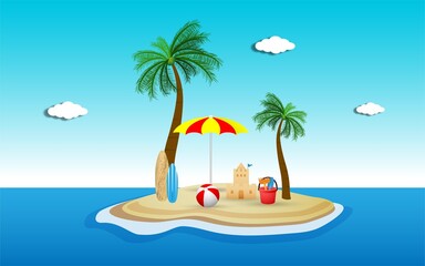 Fototapeta na wymiar hello summer illustration with hello summer text decoration and coconut trees, palm leaves, sun glasses. summer element template. vector illustration 