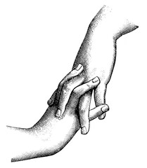 The hand holding the other hand. Illustration of the 19th century. Germany. White background.