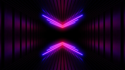 Sci Fy neon lamps in a dark tunnel. Reflections on the floor and walls. 3d rendering image.