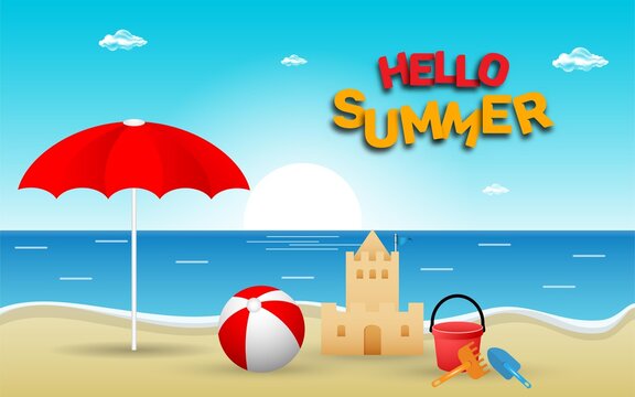 hello summer illustration with hello summer text decoration and coconut trees, palm leaves, sun glasses. summer element template.  vector illustration 