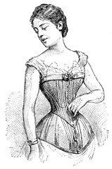 Woman in a corset. The dotted lines show the location of the lungs. Illustration of the 19th century. Germany. White background.
