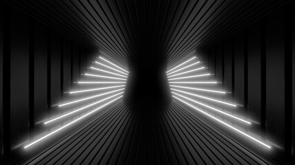 Fototapeta premium A dark corridor lit by white neon lights. Reflections on the floor and walls. 3d rendering image.