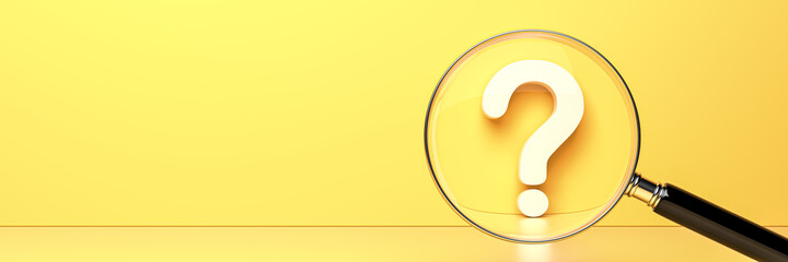 White question mark with magnifying glass on yellow background and empty copy space on left side, FAQ Concept. 3D Rendering - obrazy, fototapety, plakaty