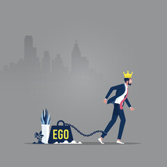 Concept of ego, confident business man with crown on head and big weight chained to foot