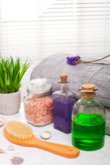 set of spa accessories on the table by the window